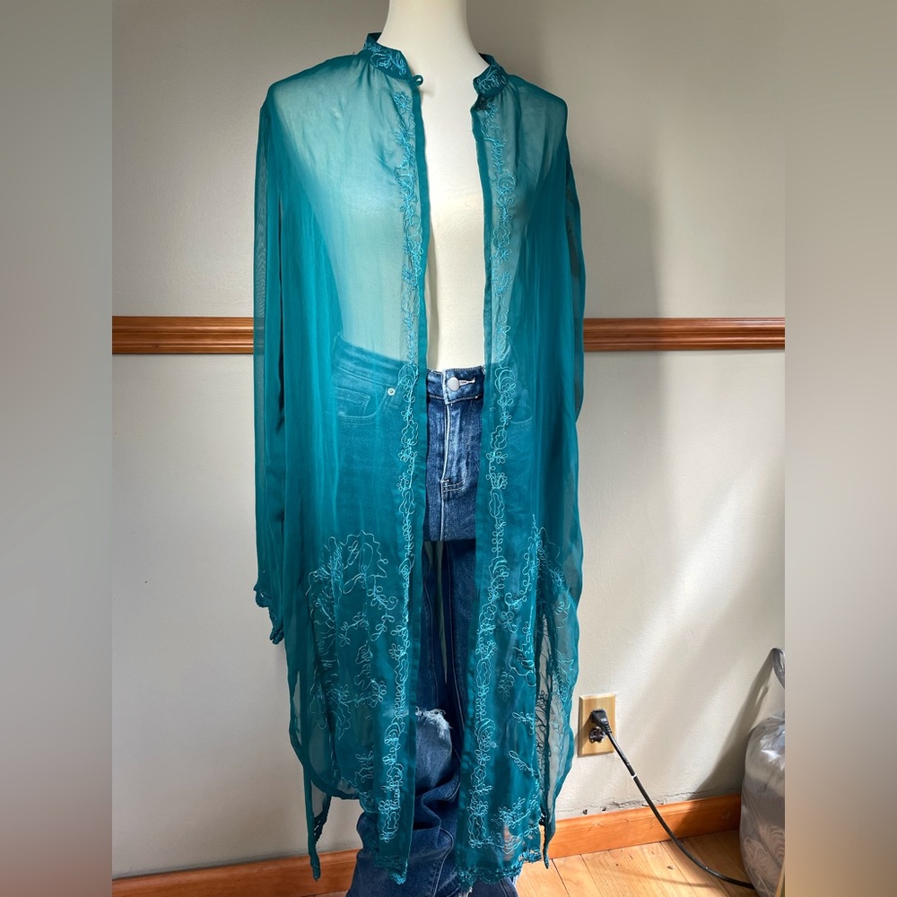 Sheer Peacock Colored Duster Cardigan w/ Blue Embroidery